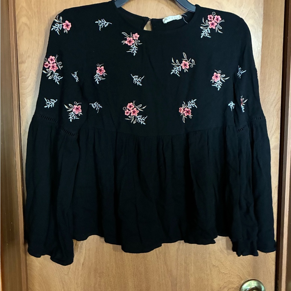 Altar'd State Black Blouse with Pink Floral Embroidery